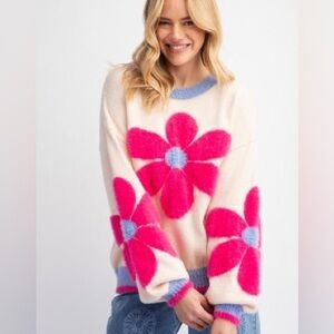 Fuzzy flower sweater Floral Pink and Blue Women's Sweater